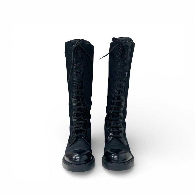 Prada Boots Long Boots Shoes Nylon Brushed Leather Black Re-Nylon Triangle Logo