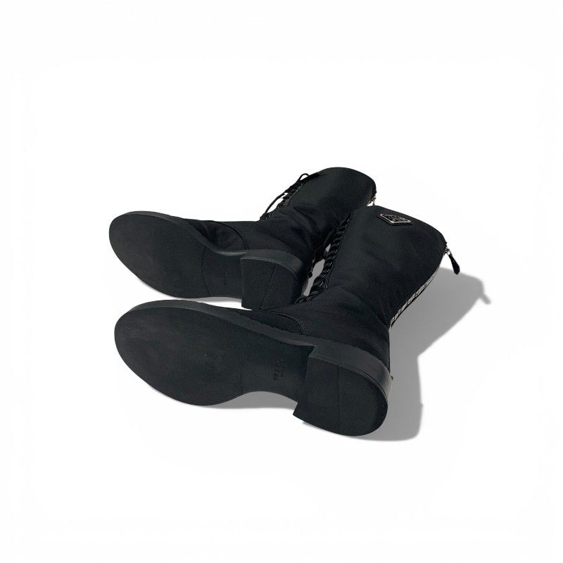 Prada Boots Long Boots Shoes Nylon Brushed Leather Black Re-Nylon Triangle Logo