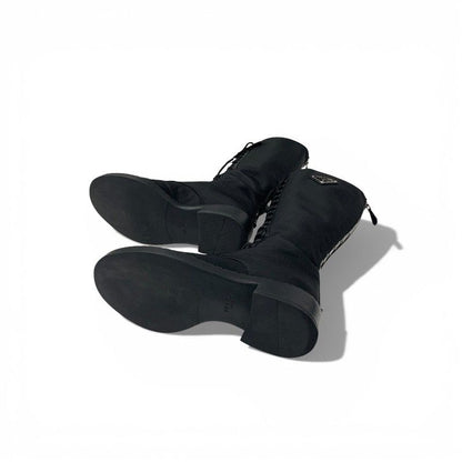 Prada Boots Long Boots Shoes Nylon Brushed Leather Black Re-Nylon Triangle Logo