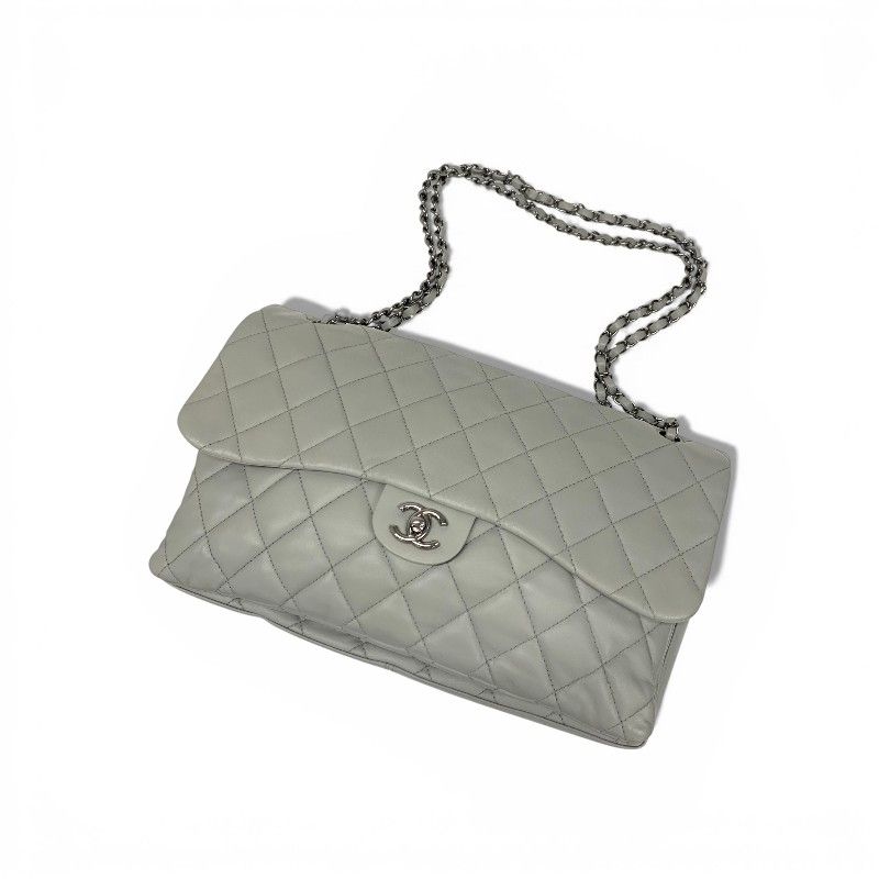 Chanel Shoulder Bag Gray Silver Big Quilted Turnlock CC Logo Single