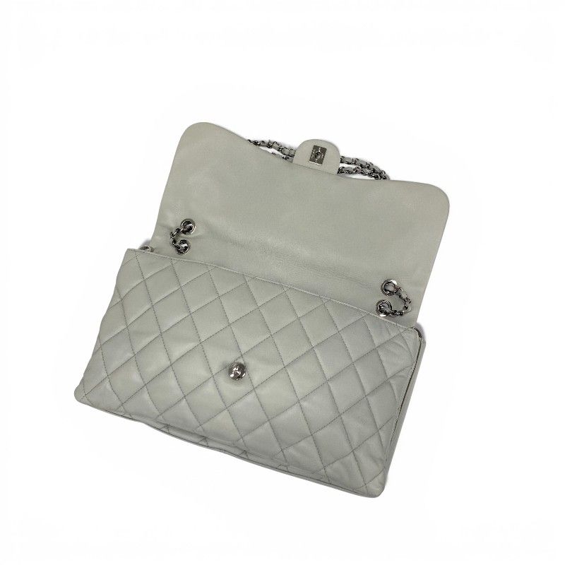 Chanel Shoulder Bag Gray Silver Big Quilted Turnlock CC Logo Single