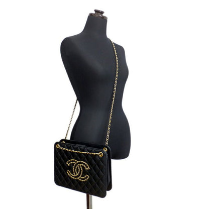 Chanel Accordion Black CC Logo Chain Shoulder Bag Lambskin