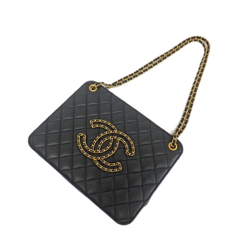 Chanel Accordion Black CC Logo Chain Shoulder Bag Lambskin