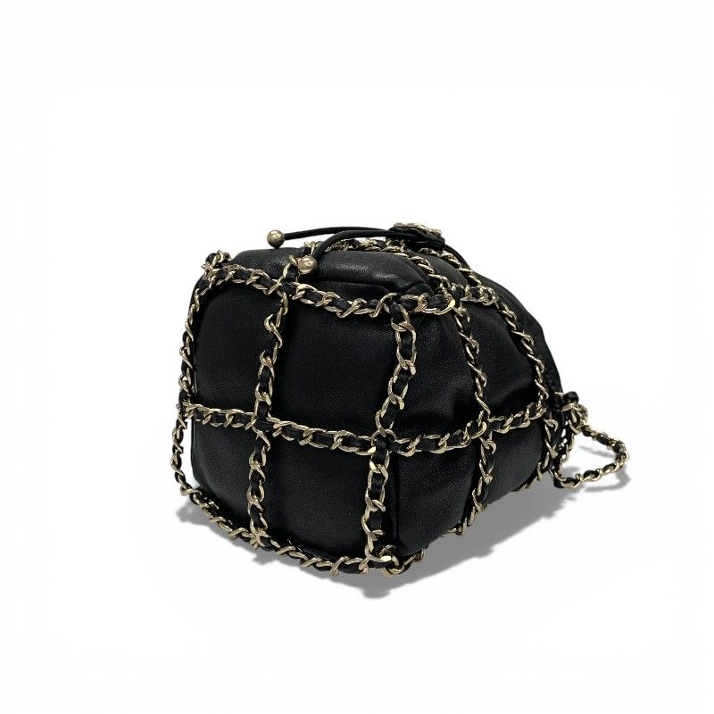 Chanel Shoulder Bag Black Gold CC Logo Chain Back Drawstring