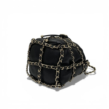 Chanel Shoulder Bag Black Gold CC Logo Chain Back Drawstring