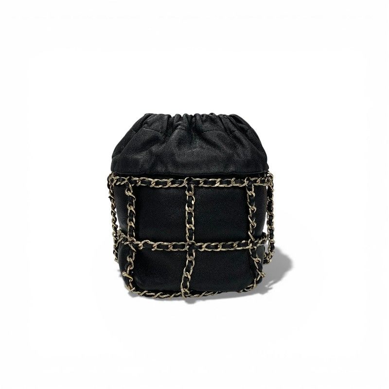 Chanel Shoulder Bag Black Gold CC Logo Chain Back Drawstring
