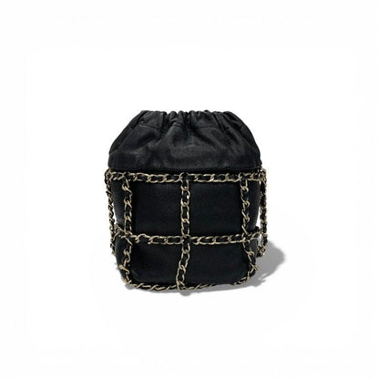 Chanel Shoulder Bag Black Gold CC Logo Chain Back Drawstring
