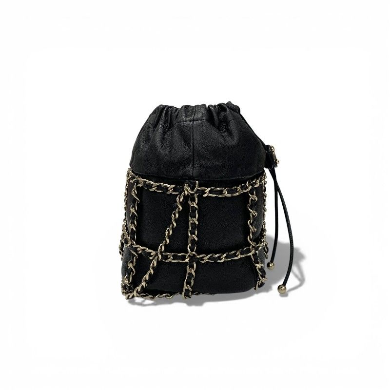 Chanel Shoulder Bag Black Gold CC Logo Chain Back Drawstring