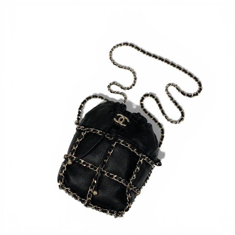 Chanel Shoulder Bag Black Gold CC Logo Chain Back Drawstring