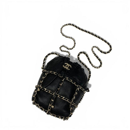 Chanel Shoulder Bag Black Gold CC Logo Chain Back Drawstring