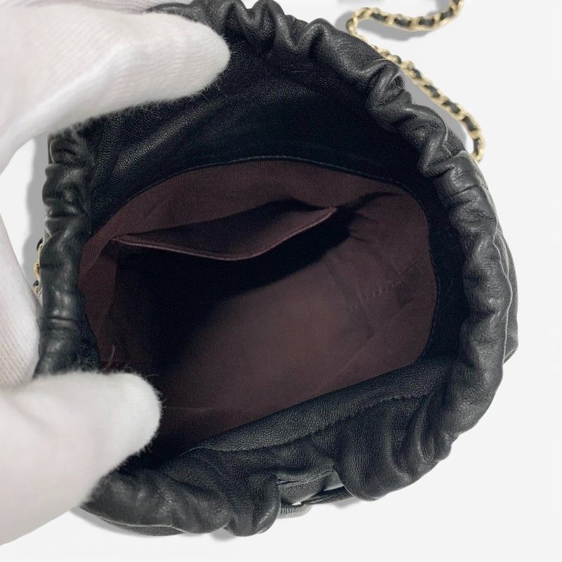 Chanel Shoulder Bag Black Gold CC Logo Chain Back Drawstring