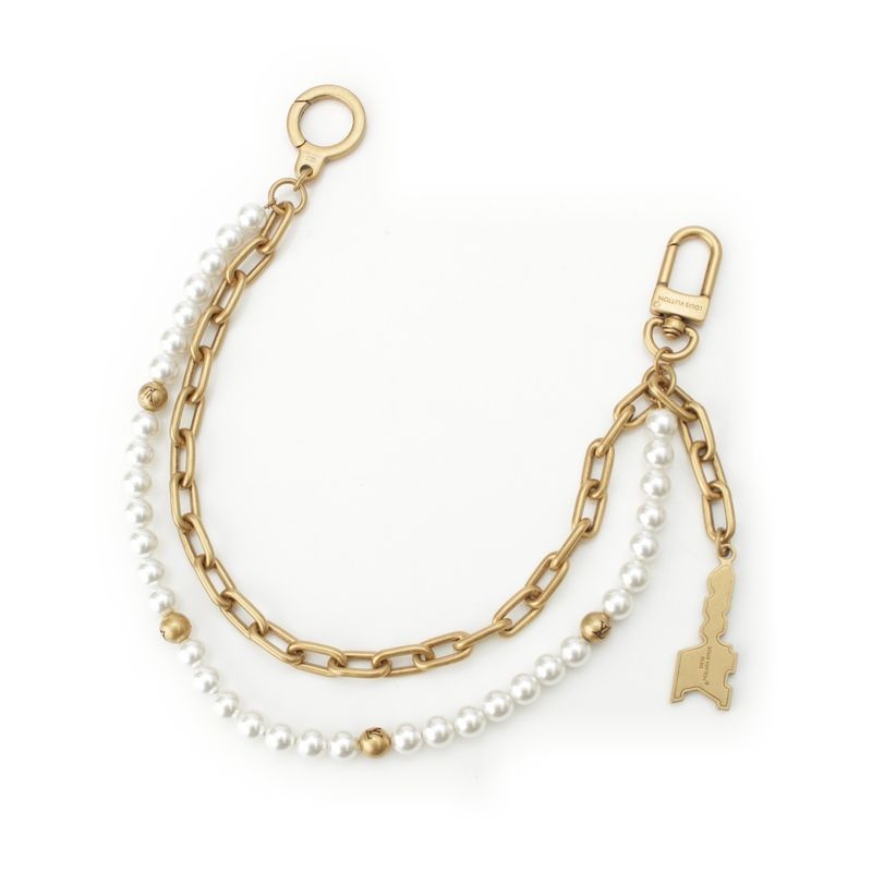 Louis Vuitton Logo Pearl Chain Belt Bag Charm Gold White