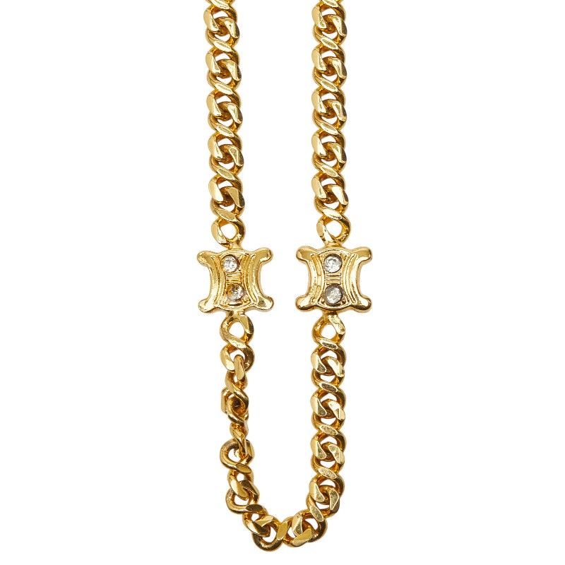 Celine Triomphe Chain Long Necklace Gold Plated Rhinestone