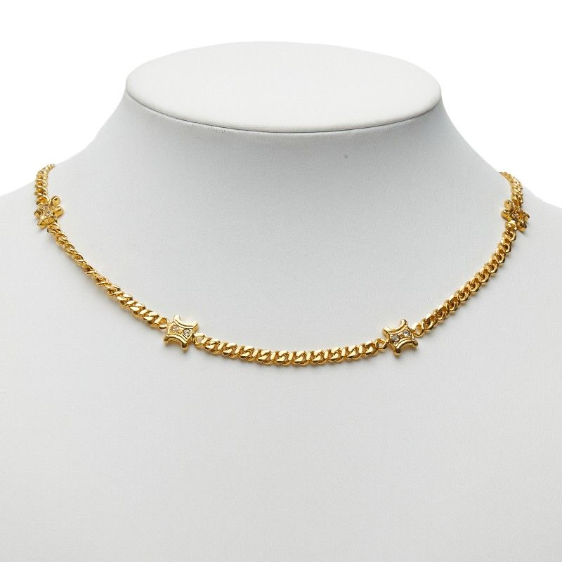 Celine Triomphe Chain Long Necklace Gold Plated Rhinestone