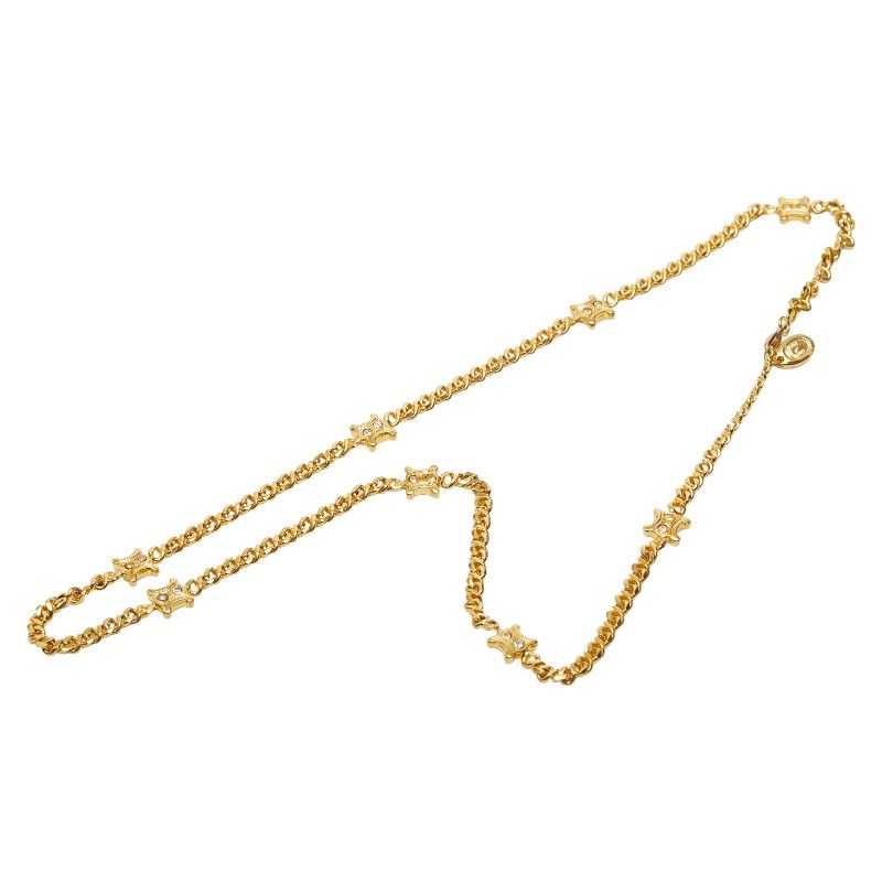 Celine Triomphe Chain Long Necklace Gold Plated Rhinestone