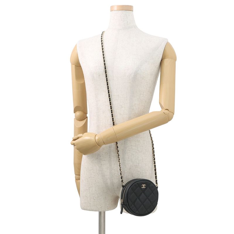 Chanel Chain Shoulder Bag Quilted CC Logo Round Caviar Leather