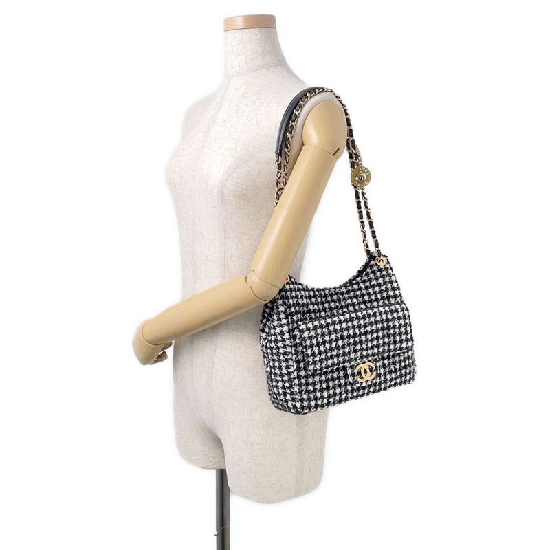 Chanel Chain Shoulder Bag Quilted CC Logo Hobo Tweed 2-Way Black White