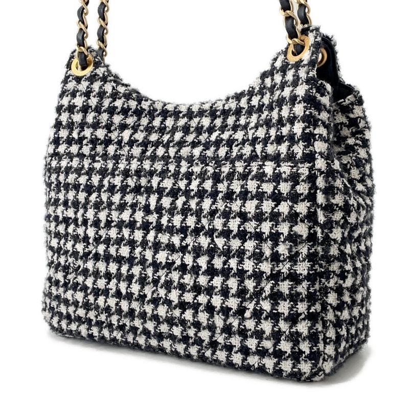 Chanel Chain Shoulder Bag Quilted CC Logo Hobo Tweed 2-Way Black White