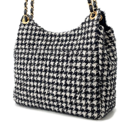 Chanel Chain Shoulder Bag Quilted CC Logo Hobo Tweed 2-Way Black White