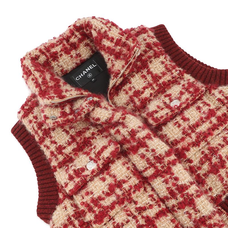 Chanel Down Vest Tweed Striped 34 Mohair Wool Red Beige