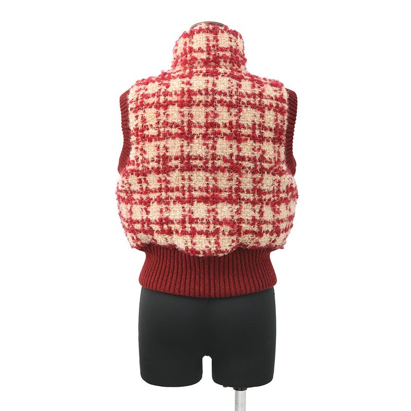 Chanel Down Vest Tweed Striped 34 Mohair Wool Red Beige