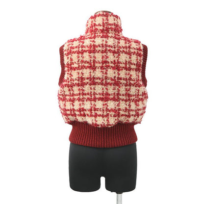 Chanel Down Vest Tweed Striped 34 Mohair Wool Red Beige