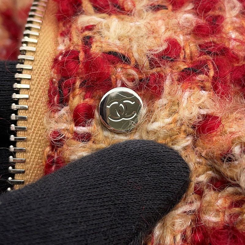 Chanel Down Vest Tweed Striped 34 Mohair Wool Red Beige