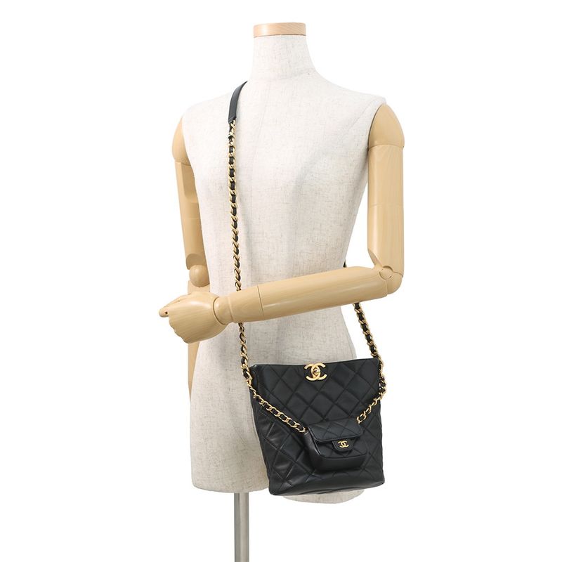 Chanel Chain Shoulder Bag Bucket CC Logo Quilted Lambskin