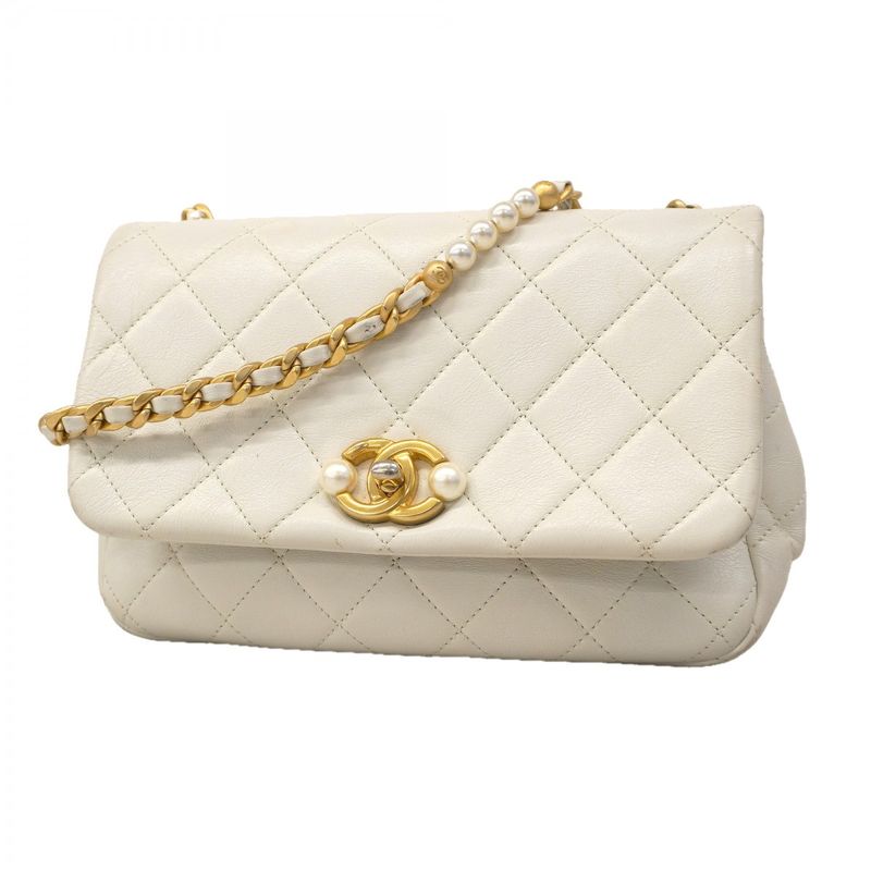 Chanel Shoulder Bag Quilted Leather White Gold