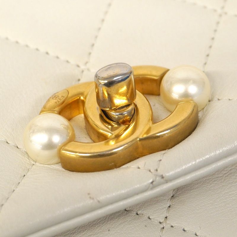 Chanel Shoulder Bag Quilted Leather White Gold