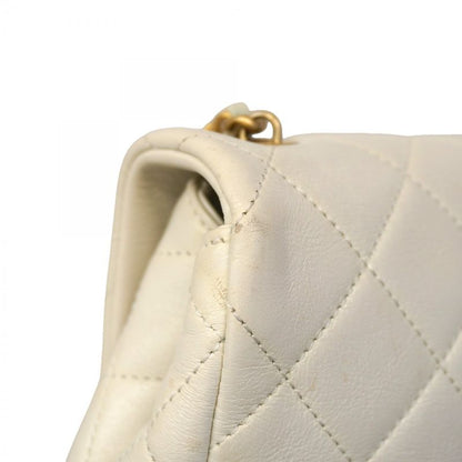 Chanel Shoulder Bag Quilted Leather White Gold