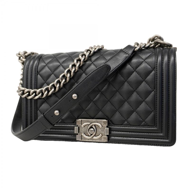 Chanel Shoulder Bag Boy Caviar Leather Black Silver