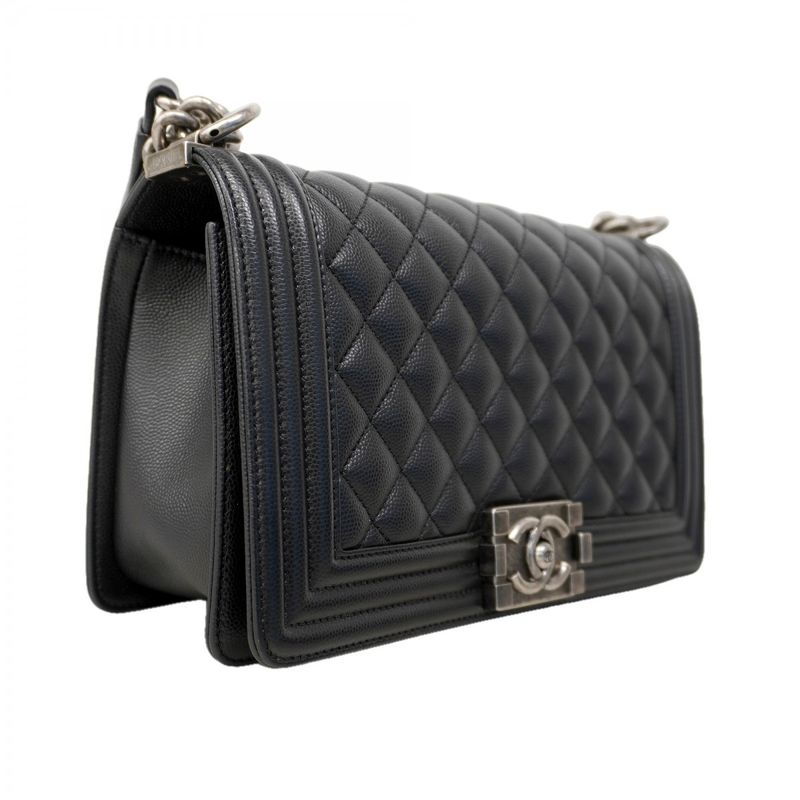 Chanel Shoulder Bag Boy Caviar Leather Black Silver