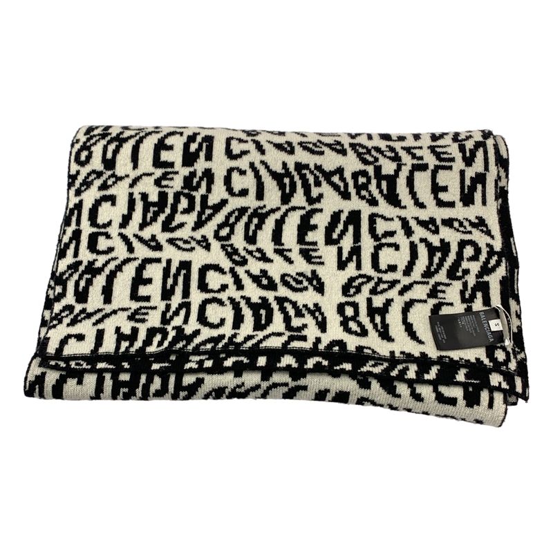 Balenciaga Wool Wave Logo Long Scarf Shawl Black White
