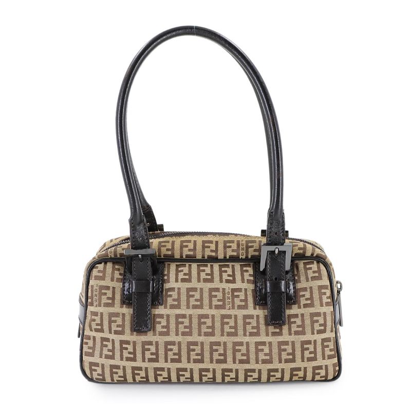 Fendi Zucchino Hand Bag Canvas Leather Beige Brown