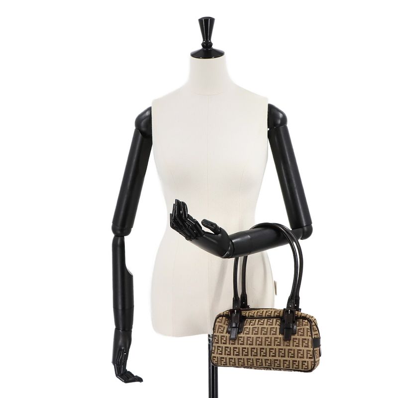 Fendi Zucchino Hand Bag Canvas Leather Beige Brown
