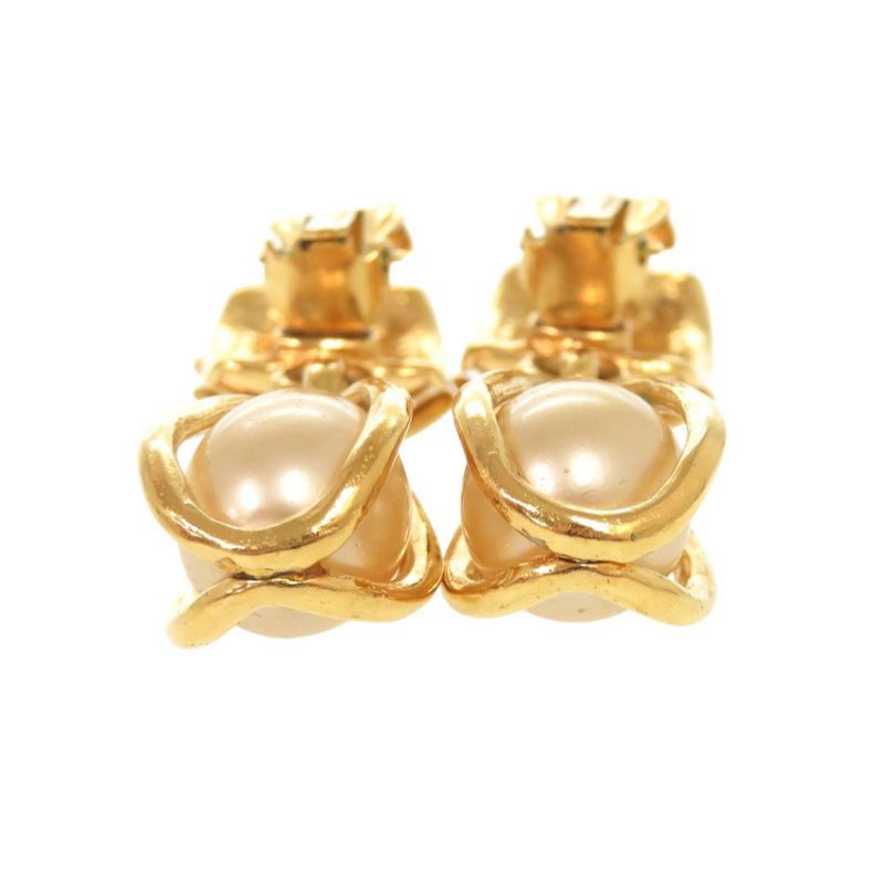 Chanel Vintage CC Logo Metal Faux Pearl Gold Earrings