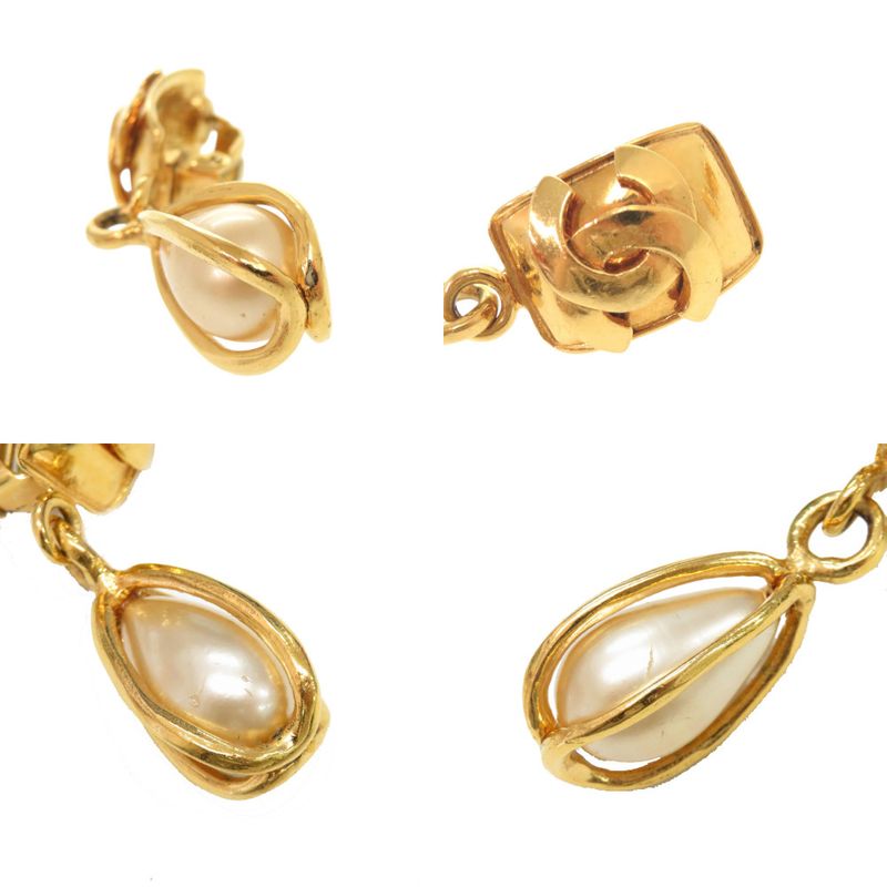 Chanel Vintage CC Logo Metal Faux Pearl Gold Earrings