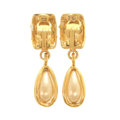Chanel Vintage CC Logo Metal Faux Pearl Gold Earrings