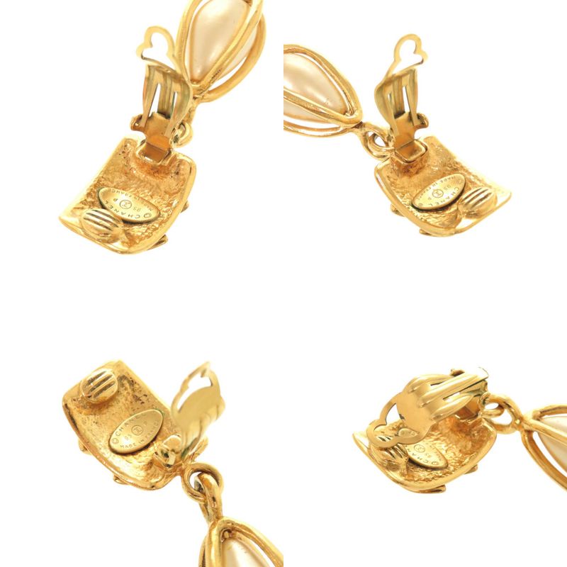 Chanel Vintage CC Logo Metal Faux Pearl Gold Earrings