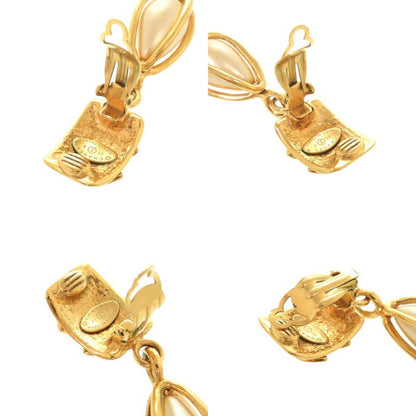 Chanel Vintage CC Logo Metal Faux Pearl Gold Earrings