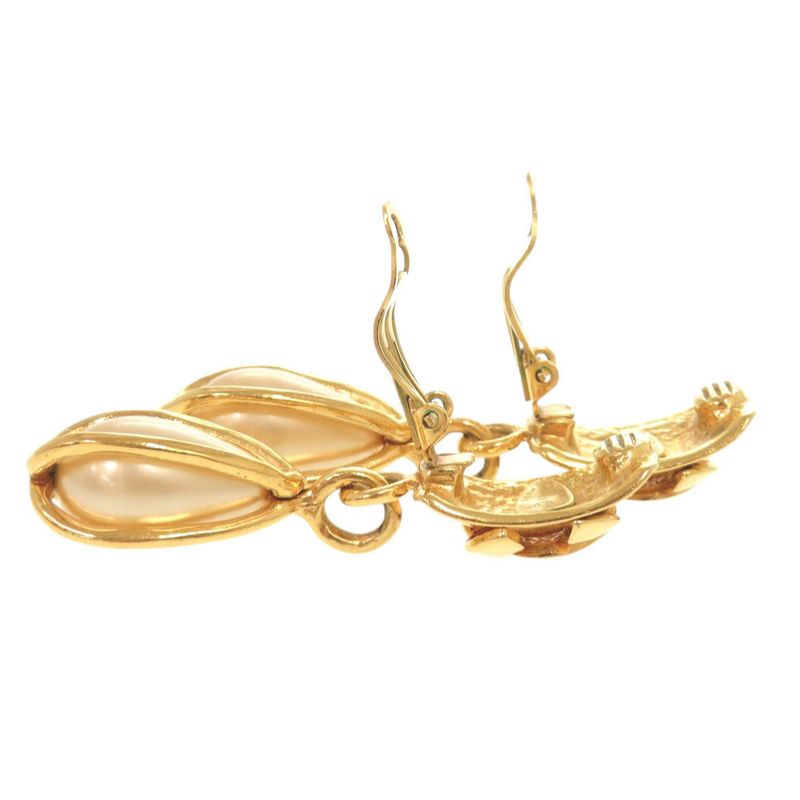 Chanel Vintage CC Logo Metal Faux Pearl Gold Earrings
