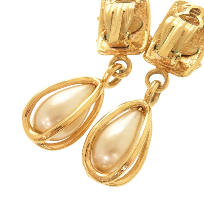 Chanel Vintage CC Logo Metal Faux Pearl Gold Earrings