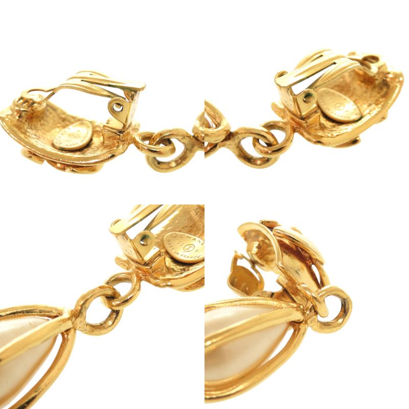 Chanel Vintage CC Logo Metal Faux Pearl Gold Earrings