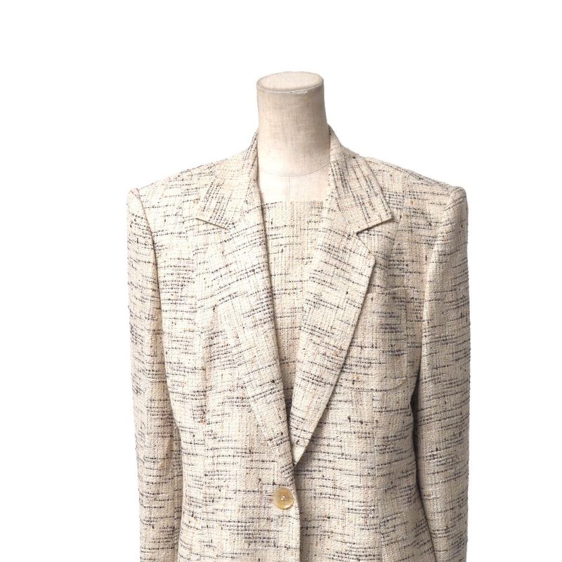 Celine Vintage Ensemble Suit 46 Tweed Tailored Jacket Belted Dress French Beige
