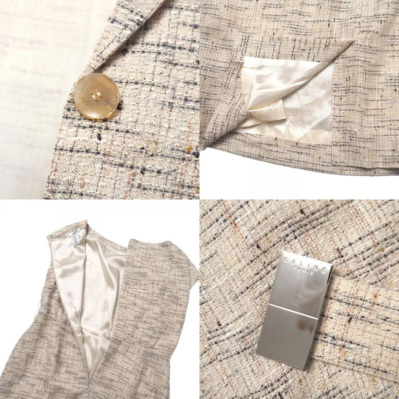 Celine Vintage Ensemble Suit 46 Tweed Tailored Jacket Belted Dress French Beige