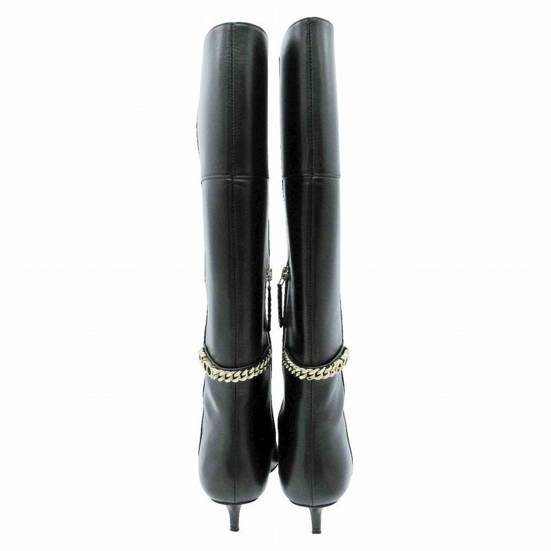 Gucci Long Boots Pointed Toe Gold Chain Logo Low Heel 35.5