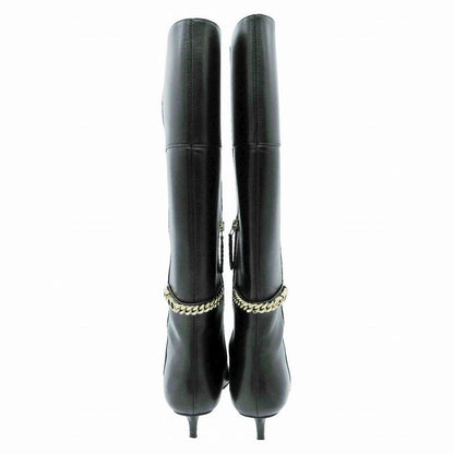 Gucci Long Boots Pointed Toe Gold Chain Logo Low Heel 35.5