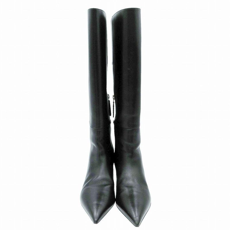 Gucci Long Boots Pointed Toe Gold Chain Logo Low Heel 35.5