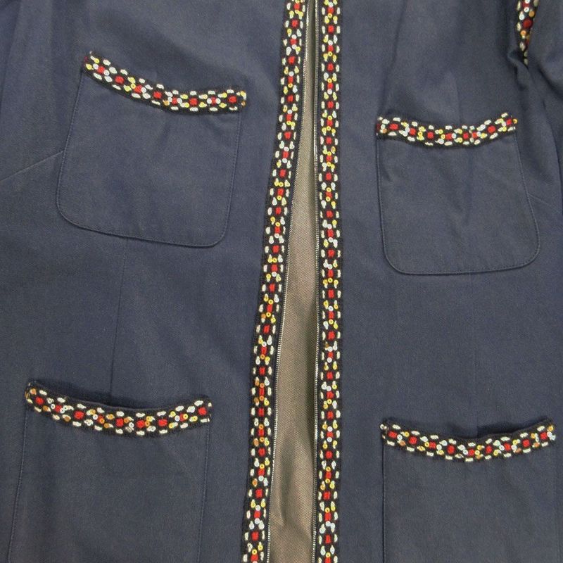 Chanel Denim Long Coat Tweed Trimming Sequin Decoration Indigo